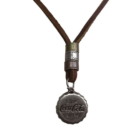 Drink Coca Cola Leather Necklace Bottlecap Pendant Brown Silver Metal Long - Picture 2 of 7